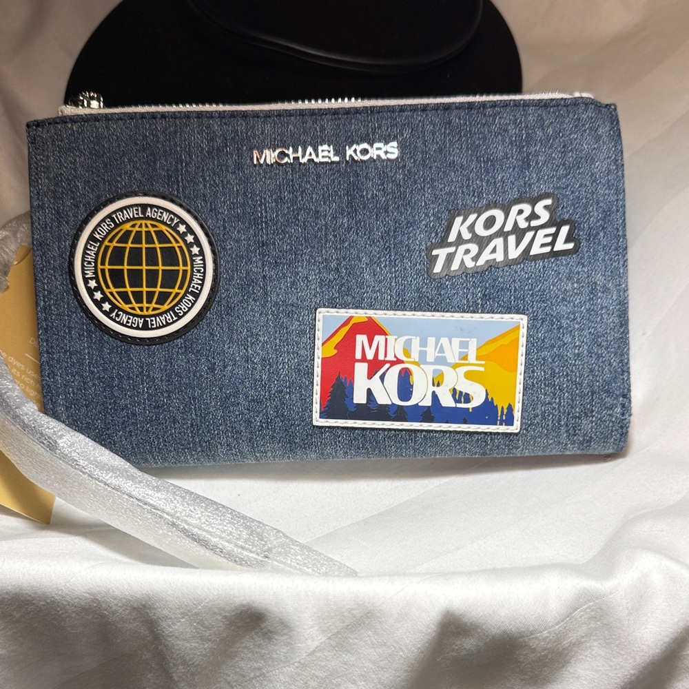 NWT Michael Kors Double Zip Denim/Leather Wallet/Wristlet